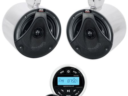 (2) MTX 6.5  150w Silver Marine Boat Wakeboard Tower Speakers+Bluetooth Receiver Fashion